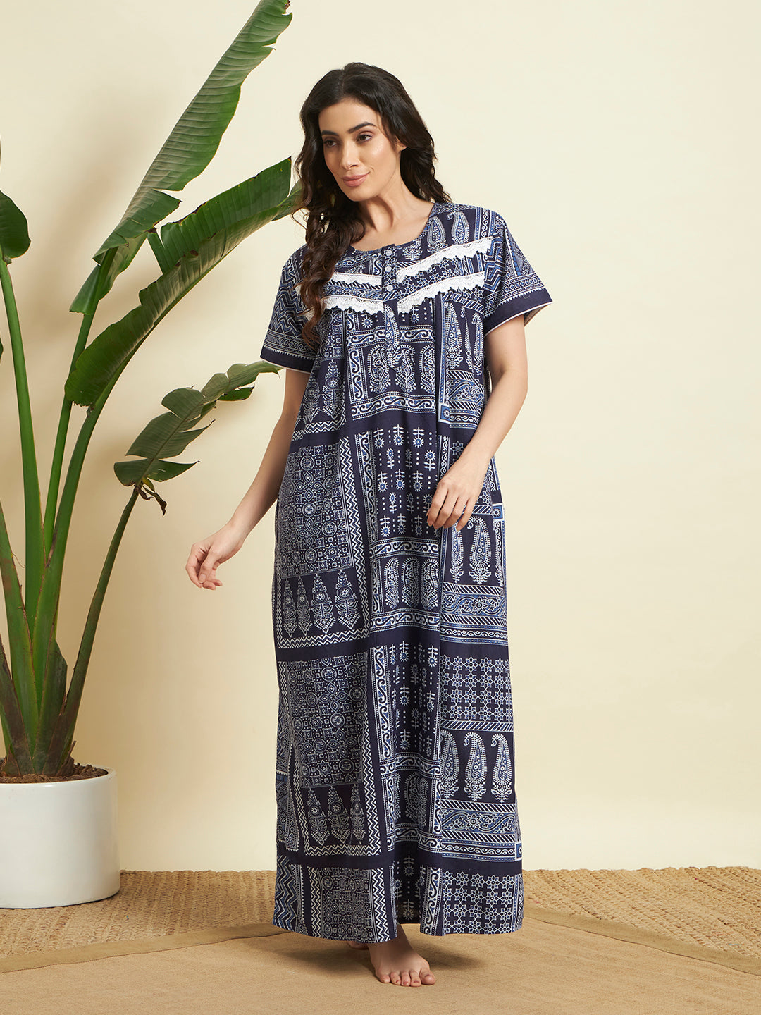 🌙 Navy Blue Printed Night Gown – Stylish & Comfortable Sleepwear