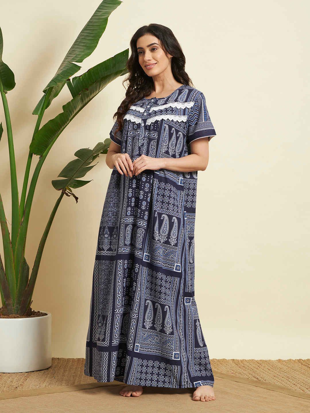 🌙 Navy Blue Printed Night Gown – Stylish & Comfortable Sleepwear