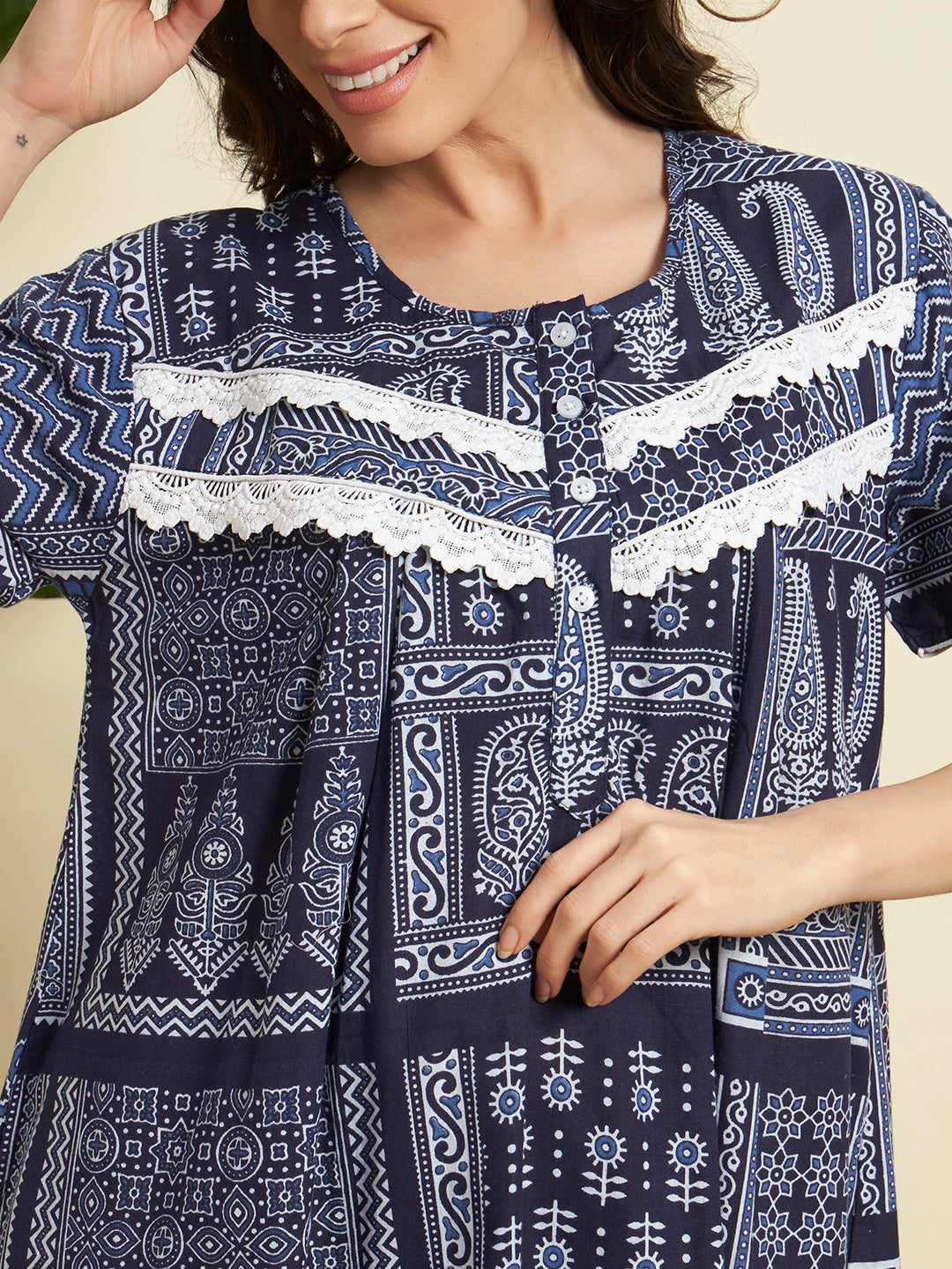 Women’s Navy Blue Printed Maxi Nighty / Lounge Dress