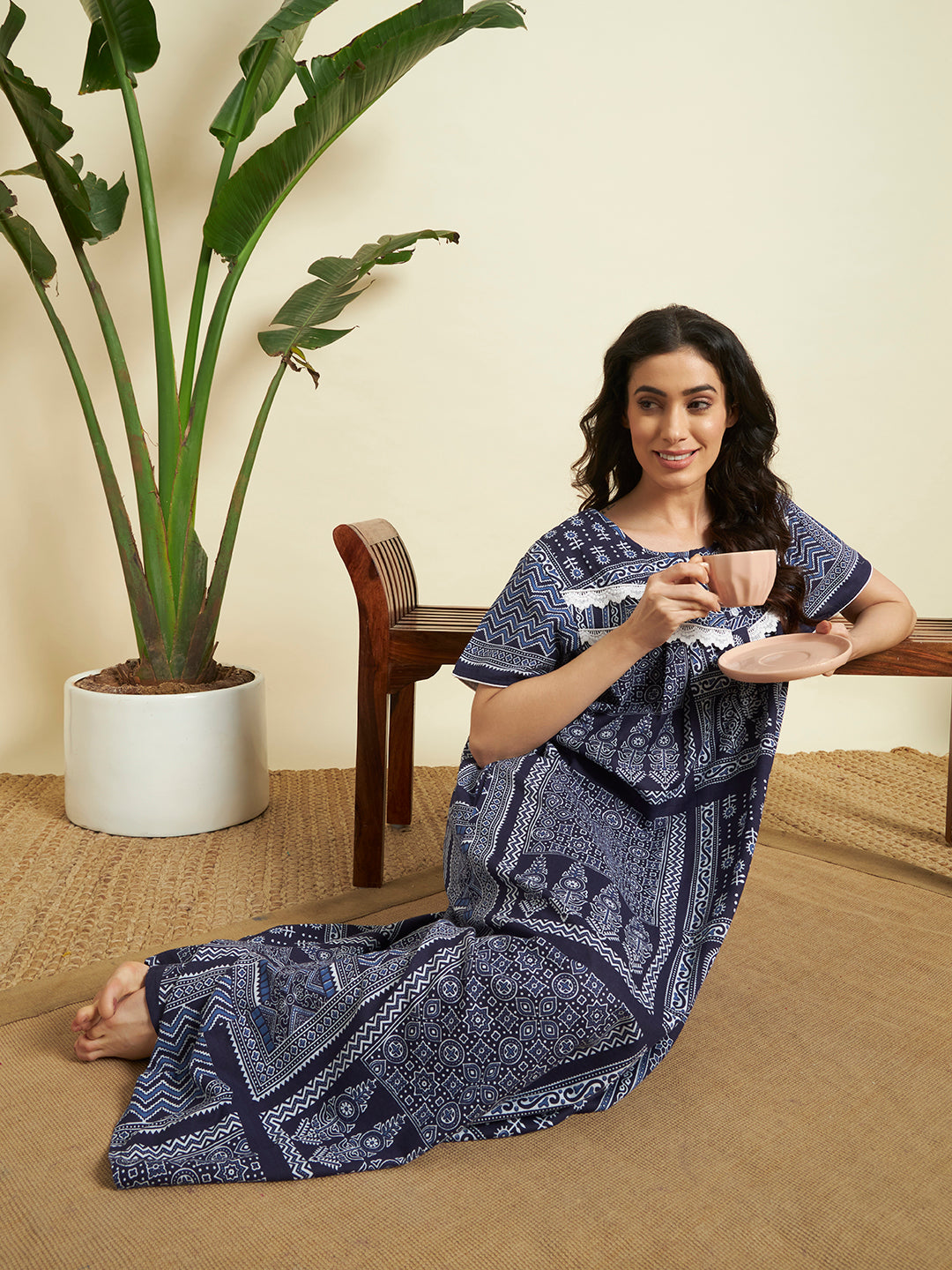 Women’s Navy Blue Printed Maxi Nighty / Lounge Dress
