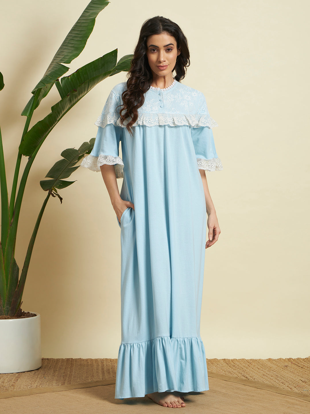 Blue Cotton Night Gown – Soft, Elegant & Comfortable