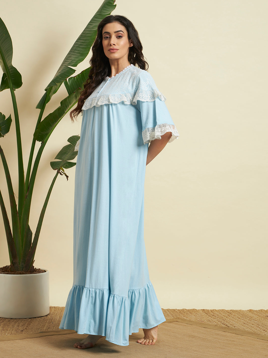 Blue Cotton Night Gown – Soft, Elegant & Comfortable