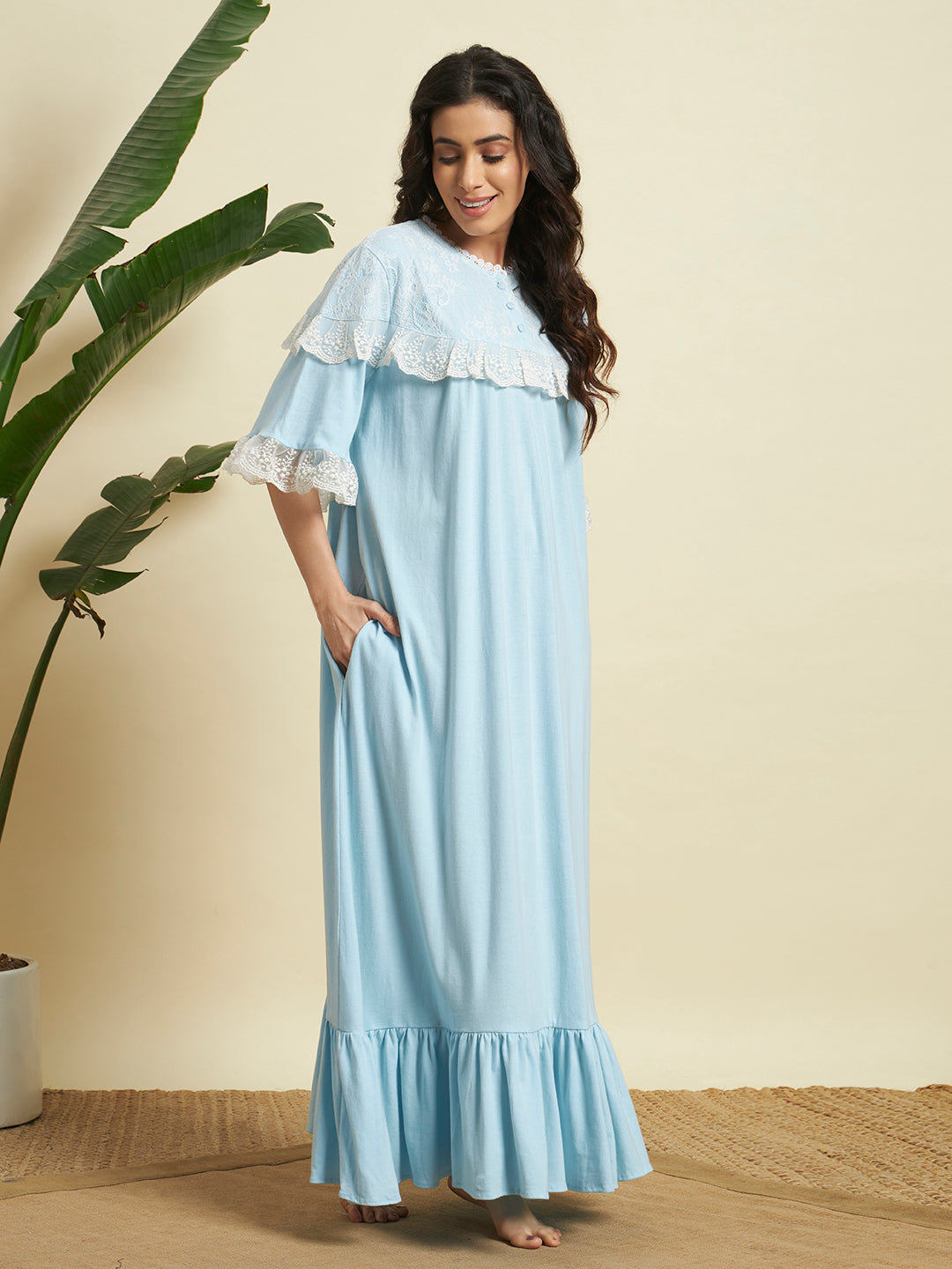 Blue Cotton Night Gown – Soft, Elegant & Comfortable