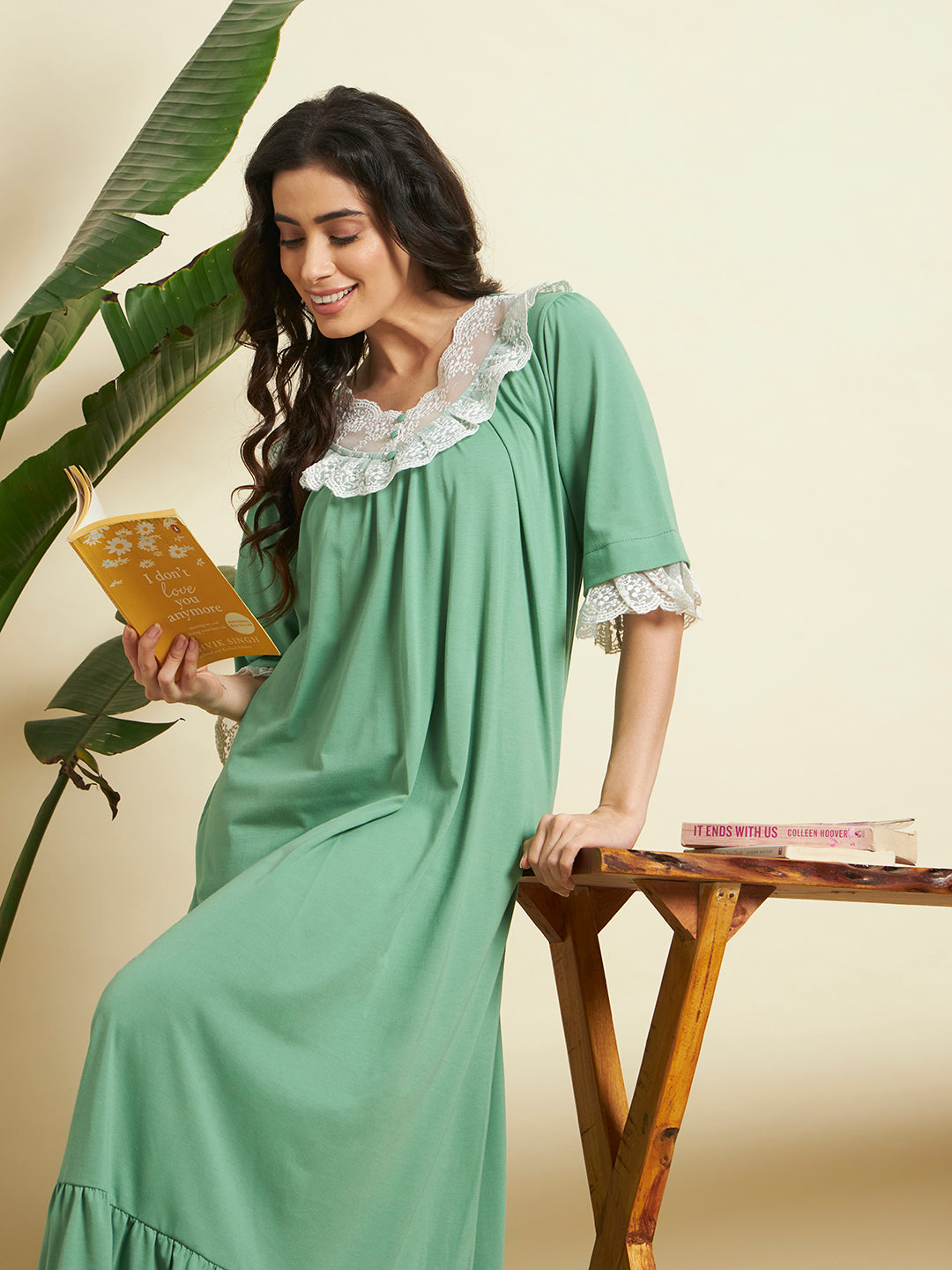 Elegant Mint Green Lace-Trim Cotton Nighty – Soft & Breathable Comfort Wear