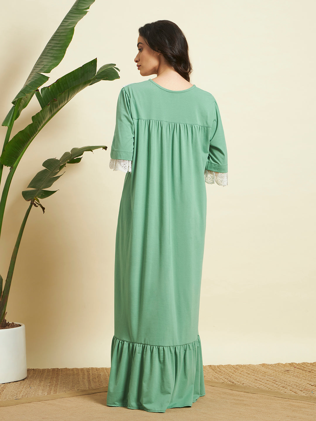 Elegant Mint Green Lace-Trim Cotton Nighty – Soft & Breathable Comfort Wear