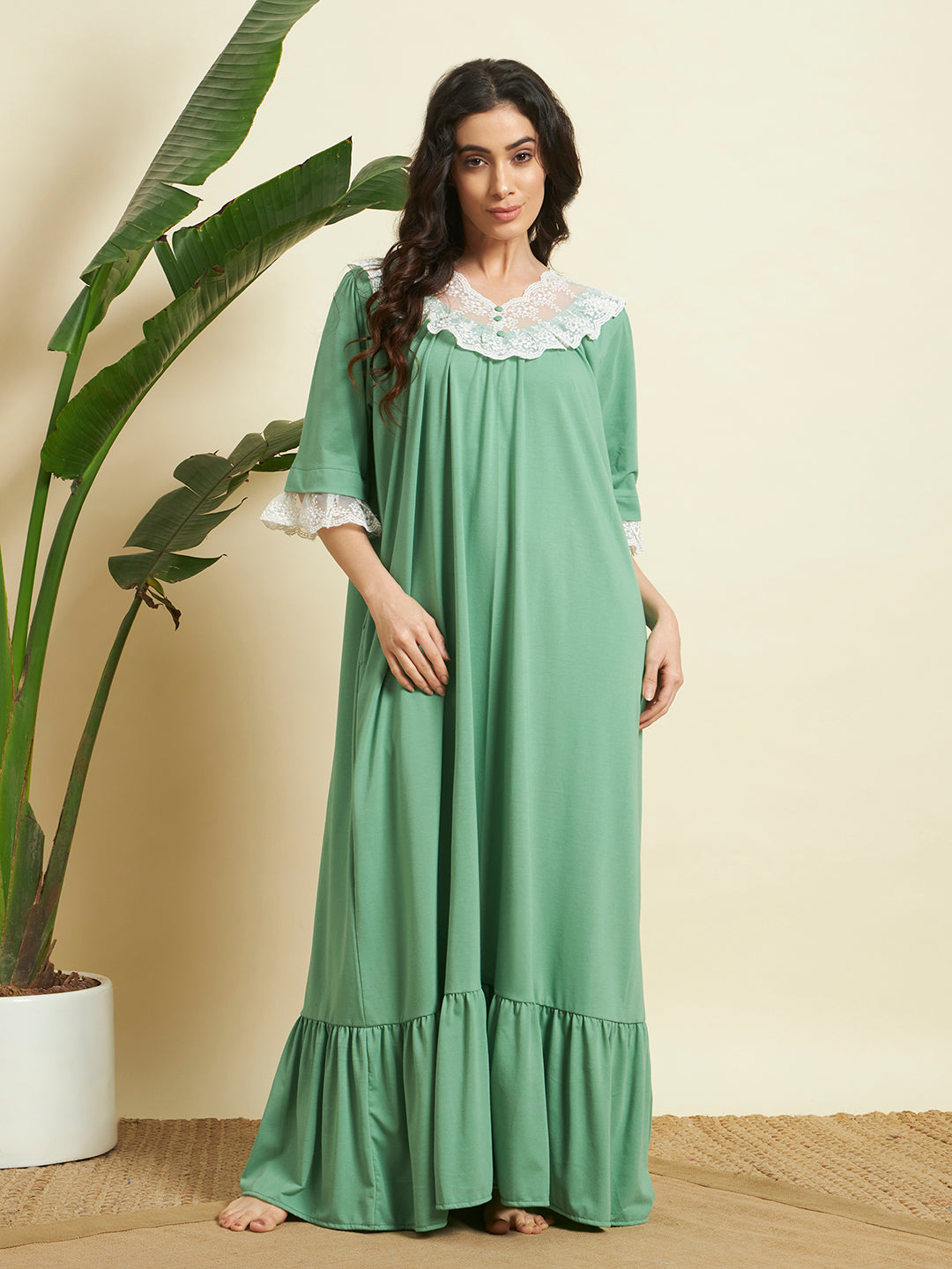 Elegant Mint Green Lace-Trim Cotton Nighty – Soft & Breathable Comfort Wear