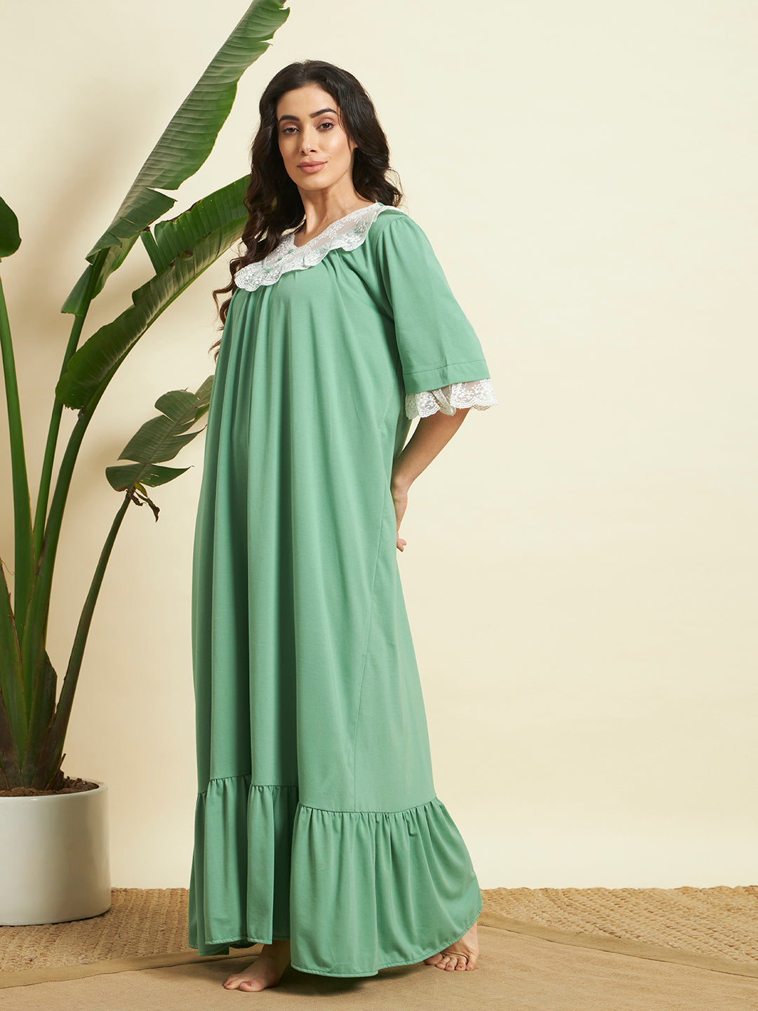 Elegant Mint Green Lace-Trim Cotton Nighty – Soft & Breathable Comfort Wear