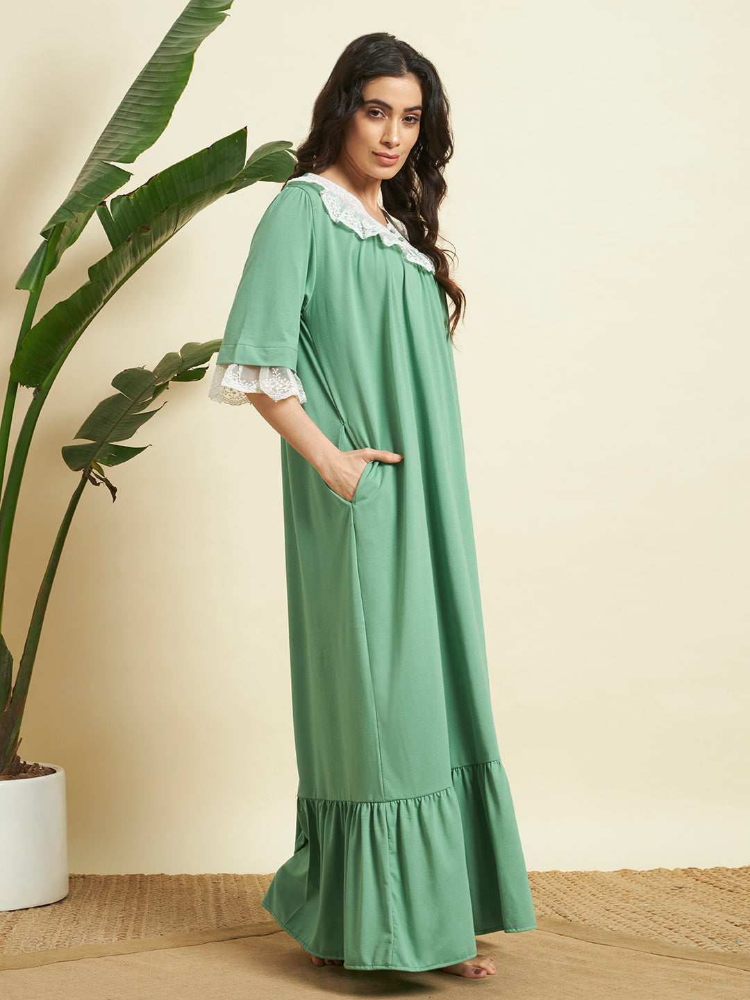 Elegant Mint Green Lace-Trim Cotton Nighty – Soft & Breathable Comfort Wear