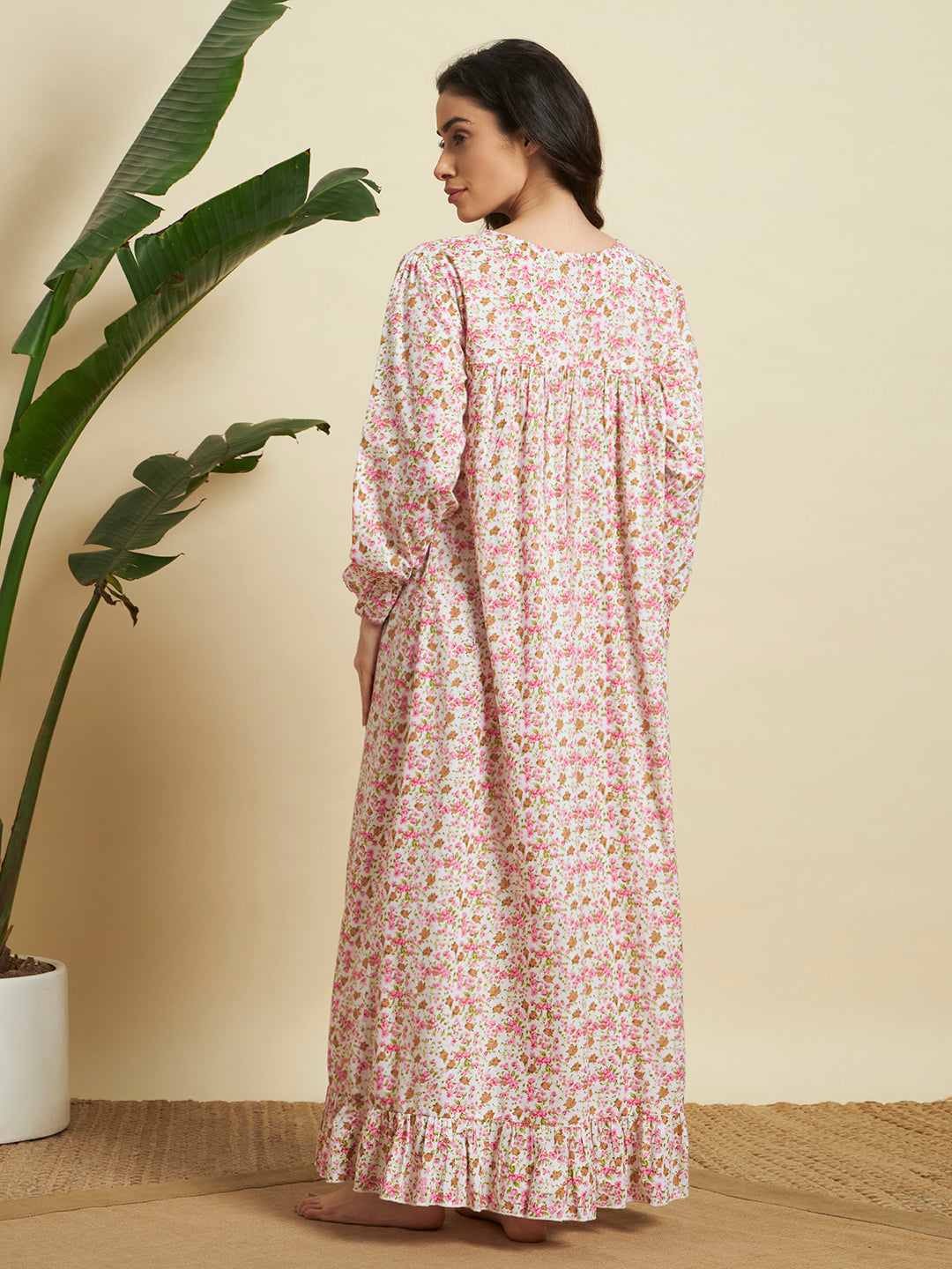 🌸 Pink Floral Printed Night Gown – Soft & Comfortable Sleepwear