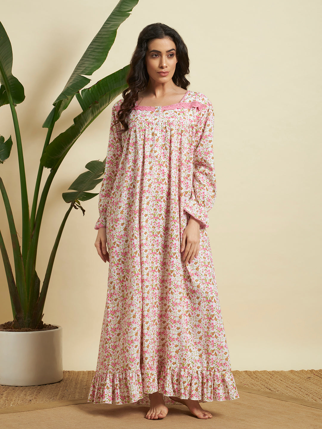🌸 Pink Floral Printed Night Gown – Soft & Comfortable Sleepwear