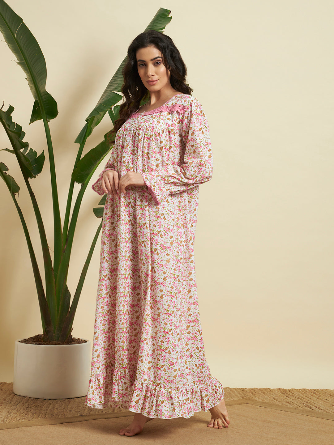 🌸 Pink Floral Printed Night Gown – Soft & Comfortable Sleepwear
