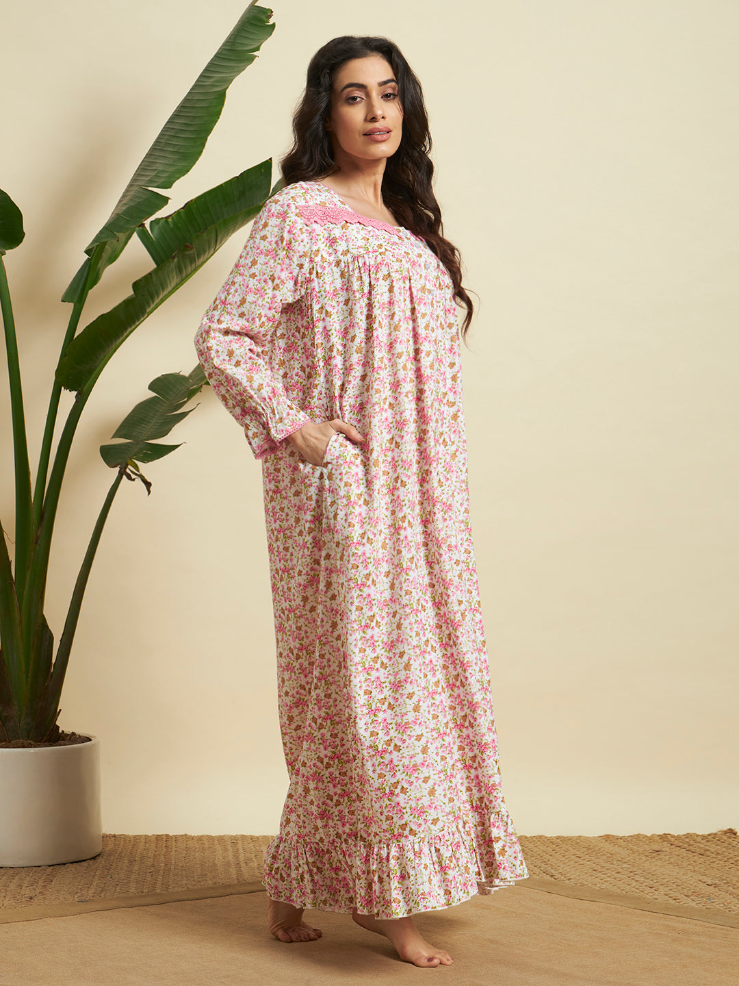 🌸 Pink Floral Printed Night Gown – Soft & Comfortable Sleepwear