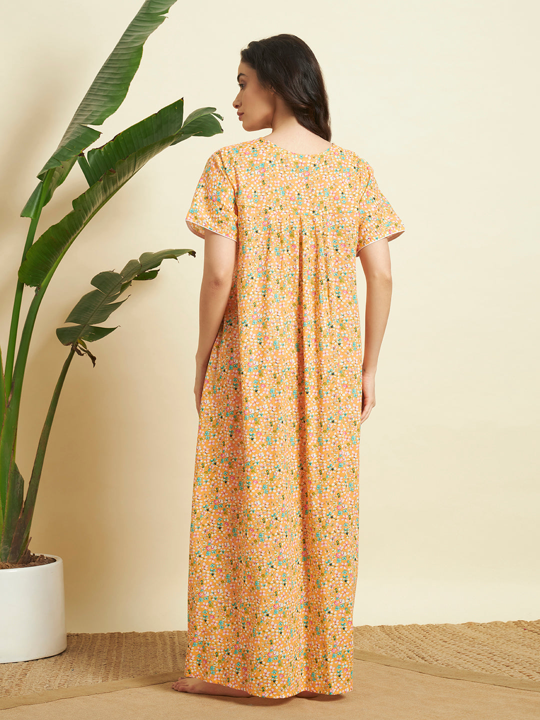 Women’s Orange Floral Printed Maxi Nighty / Lounge Dress