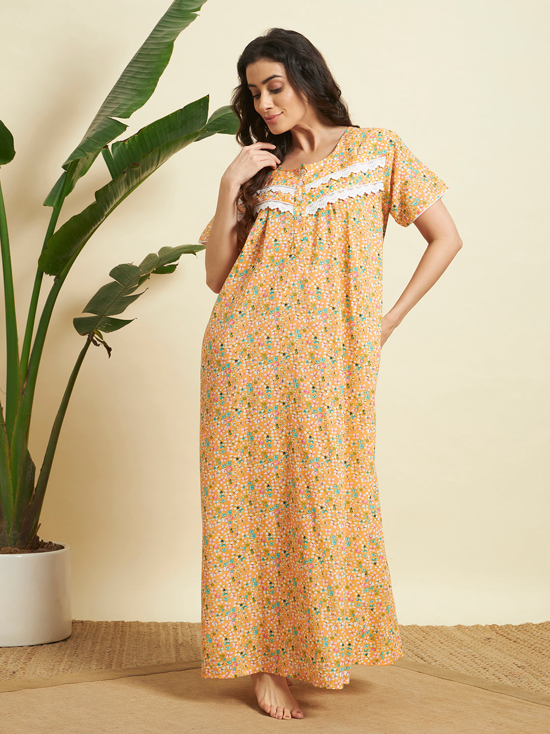 Women’s Orange Floral Printed Maxi Nighty / Lounge Dress