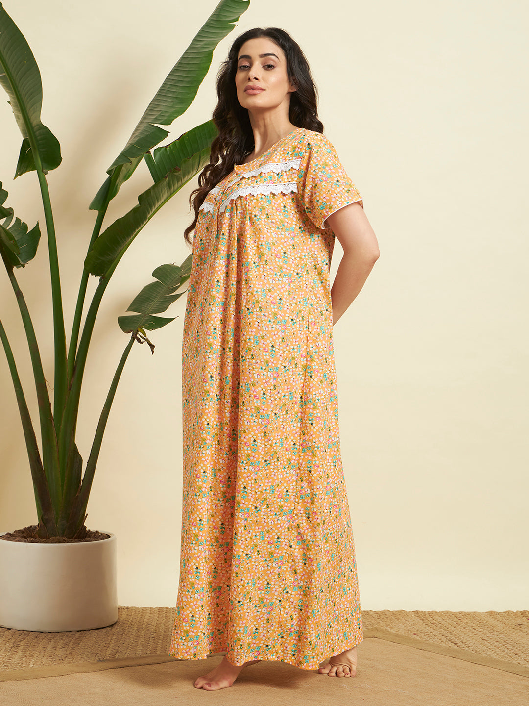 Women’s Orange Floral Printed Maxi Nighty / Lounge Dress