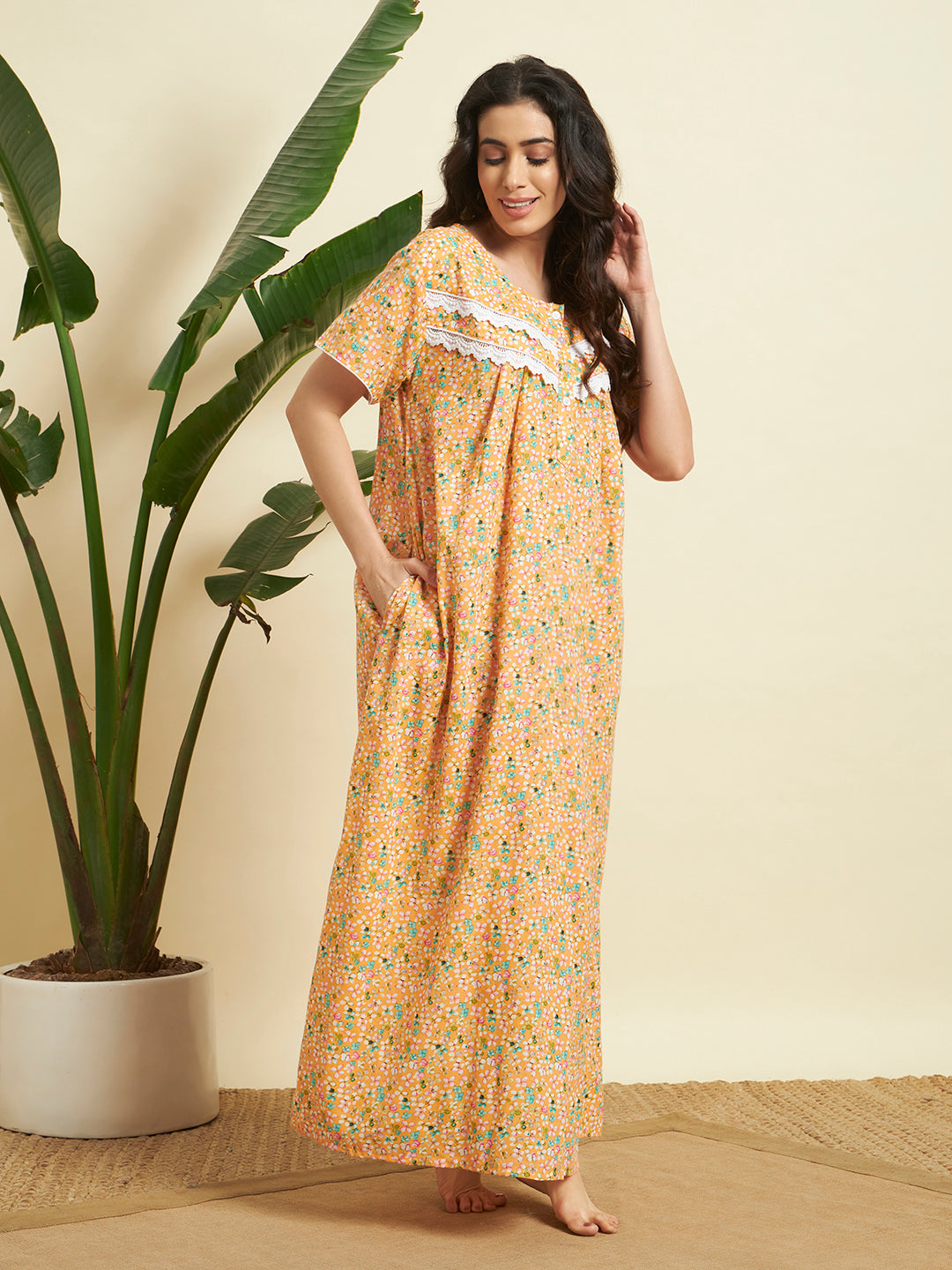 Women’s Orange Floral Printed Maxi Nighty / Lounge Dress