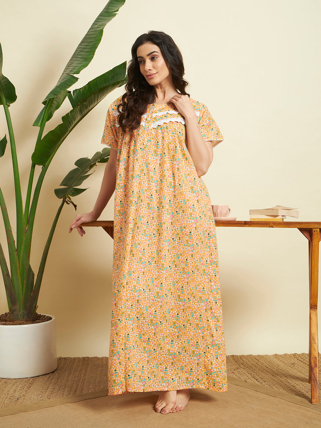 Women’s Orange Floral Printed Maxi Nighty / Lounge Dress