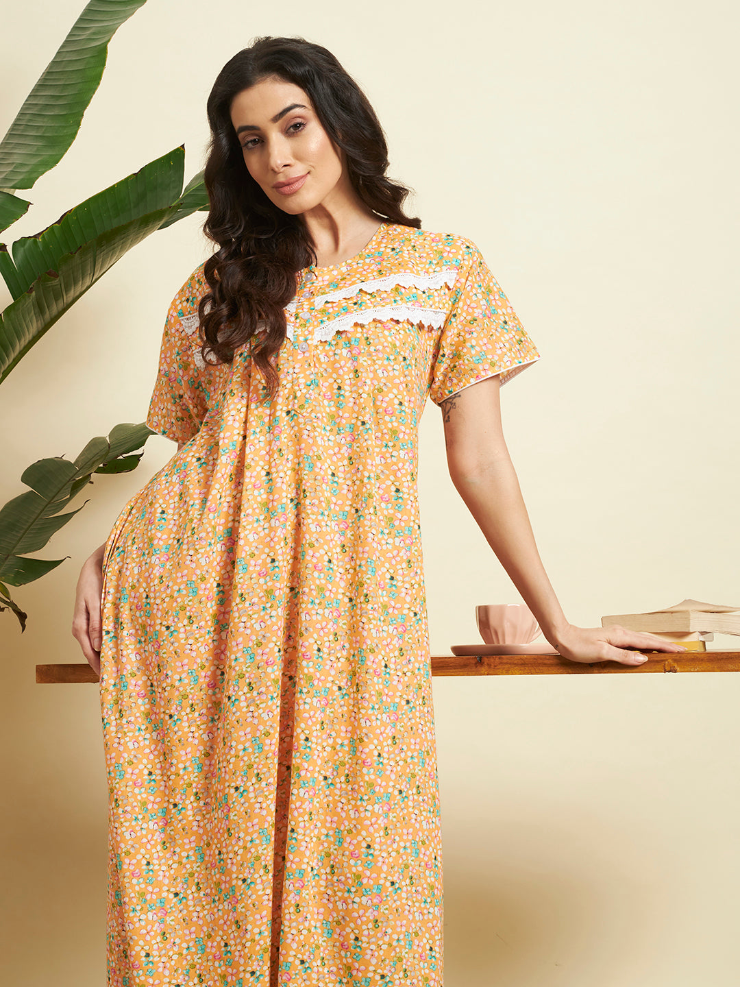 Women’s Orange Floral Printed Maxi Nighty / Lounge Dress