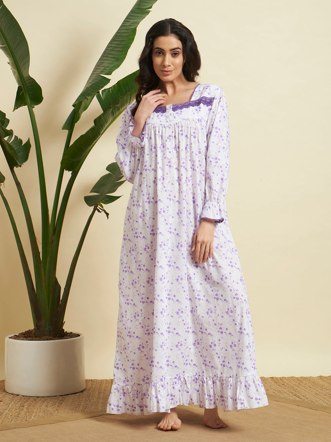 💜 Lavender Floral Printed Night Gown – Elegant & Comfortable Sleepwear