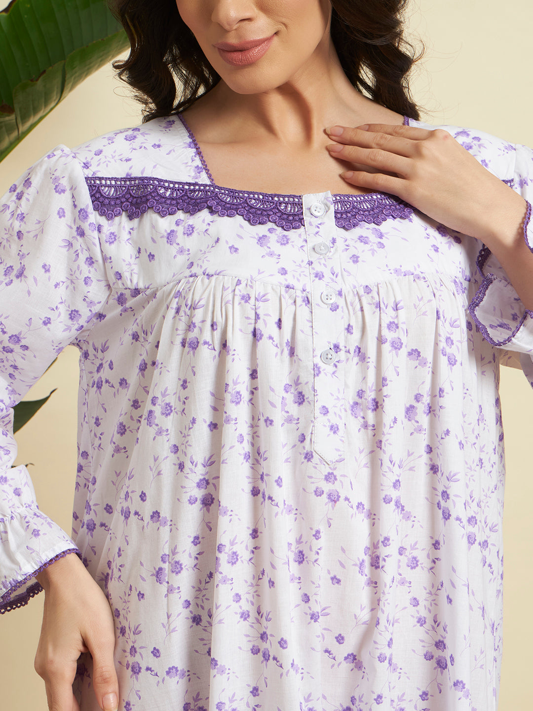 💜 Lavender Floral Printed Night Gown – Elegant & Comfortable Sleepwear