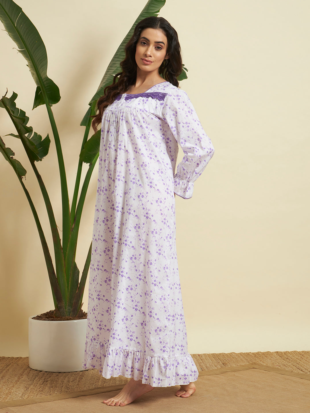 💜 Lavender Floral Printed Night Gown – Elegant & Comfortable Sleepwear
