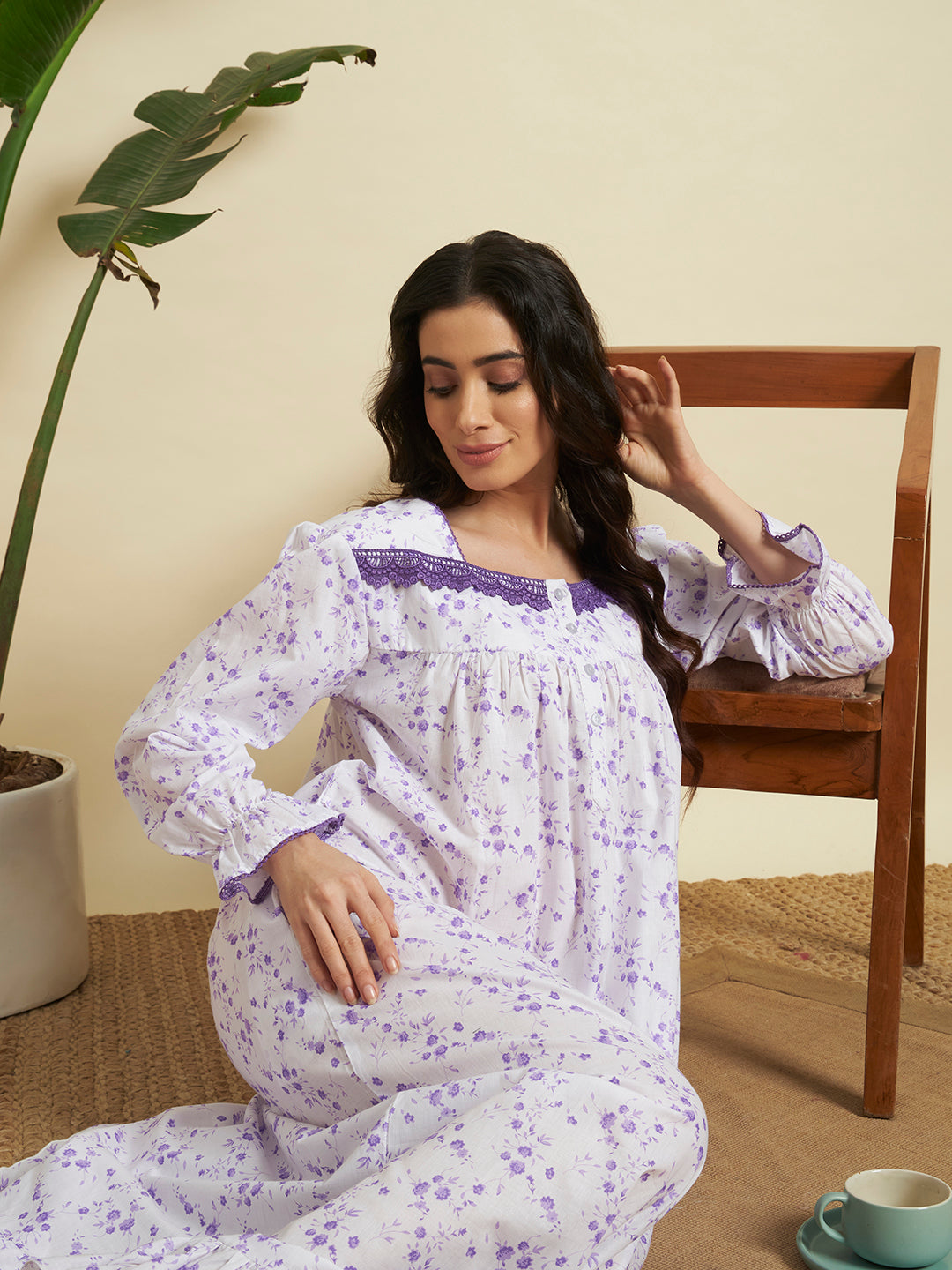 💜 Lavender Floral Printed Night Gown – Elegant & Comfortable Sleepwear