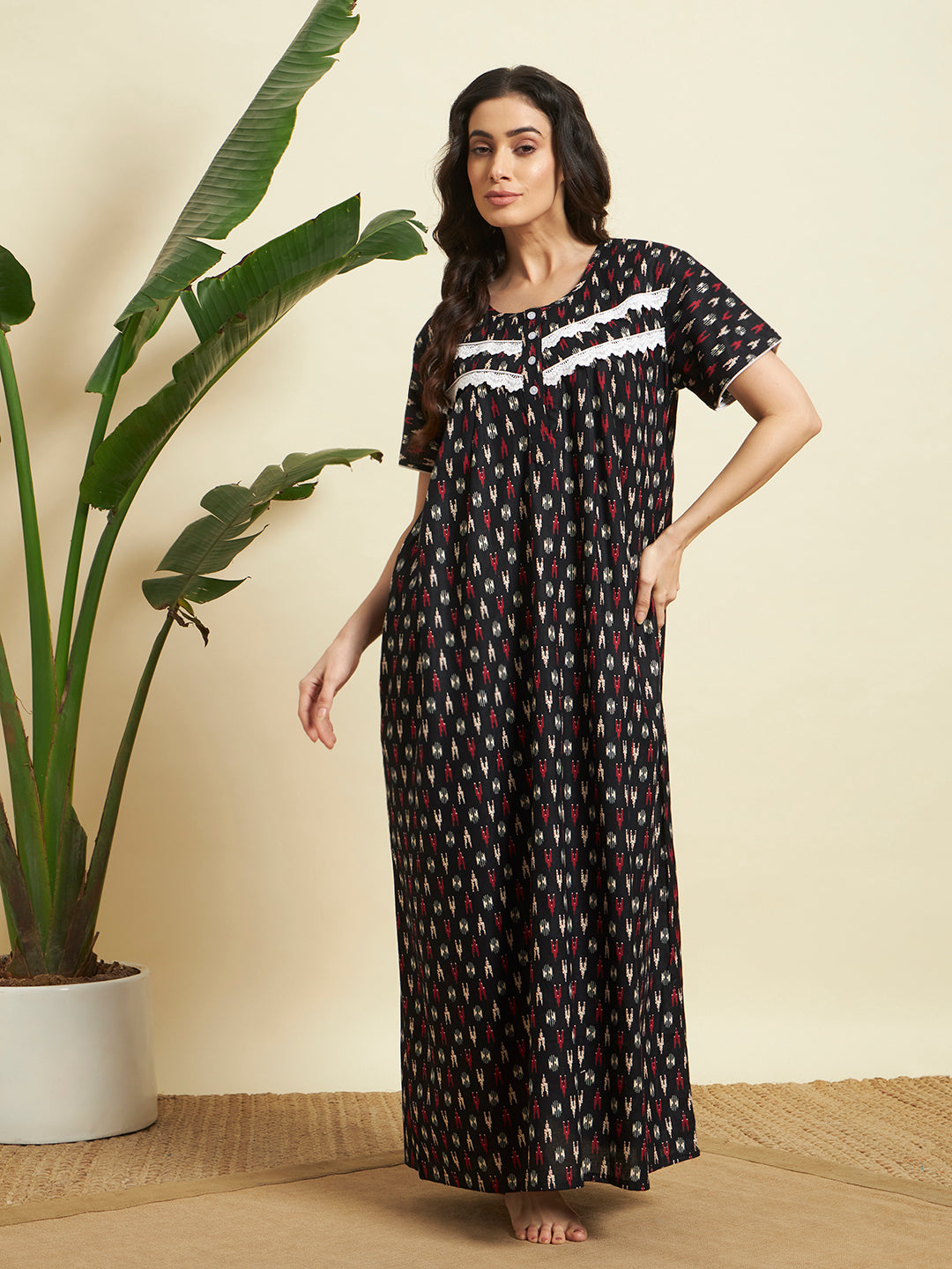Women’s Black Printed Maxi Nighty / Lounge Dress