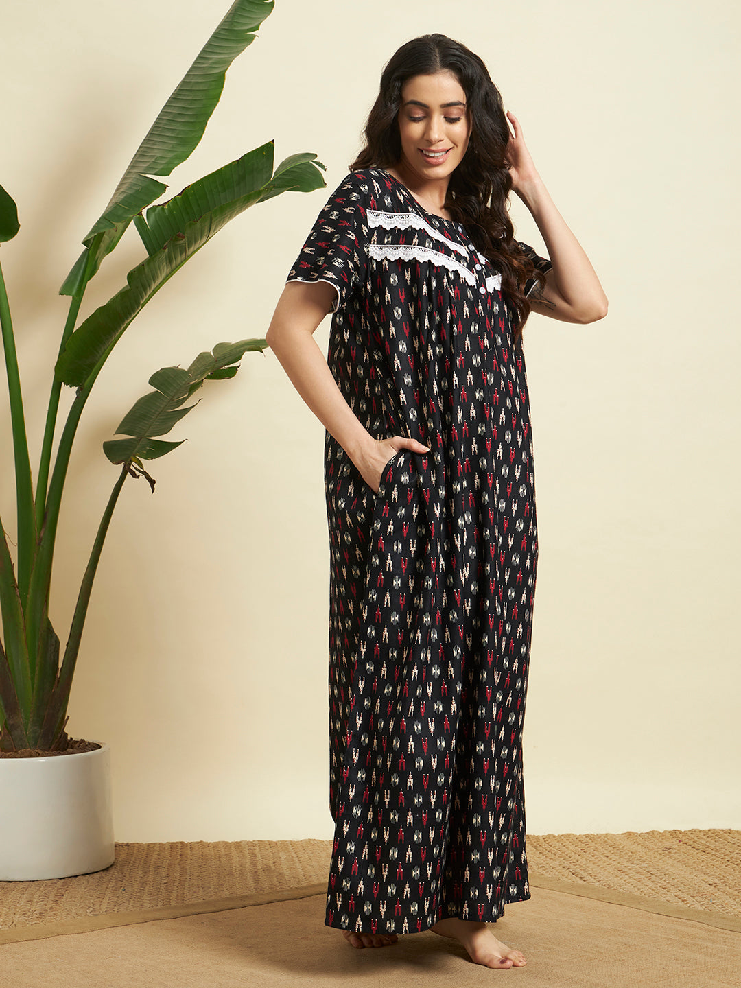 Women’s Black Printed Maxi Nighty / Lounge Dress