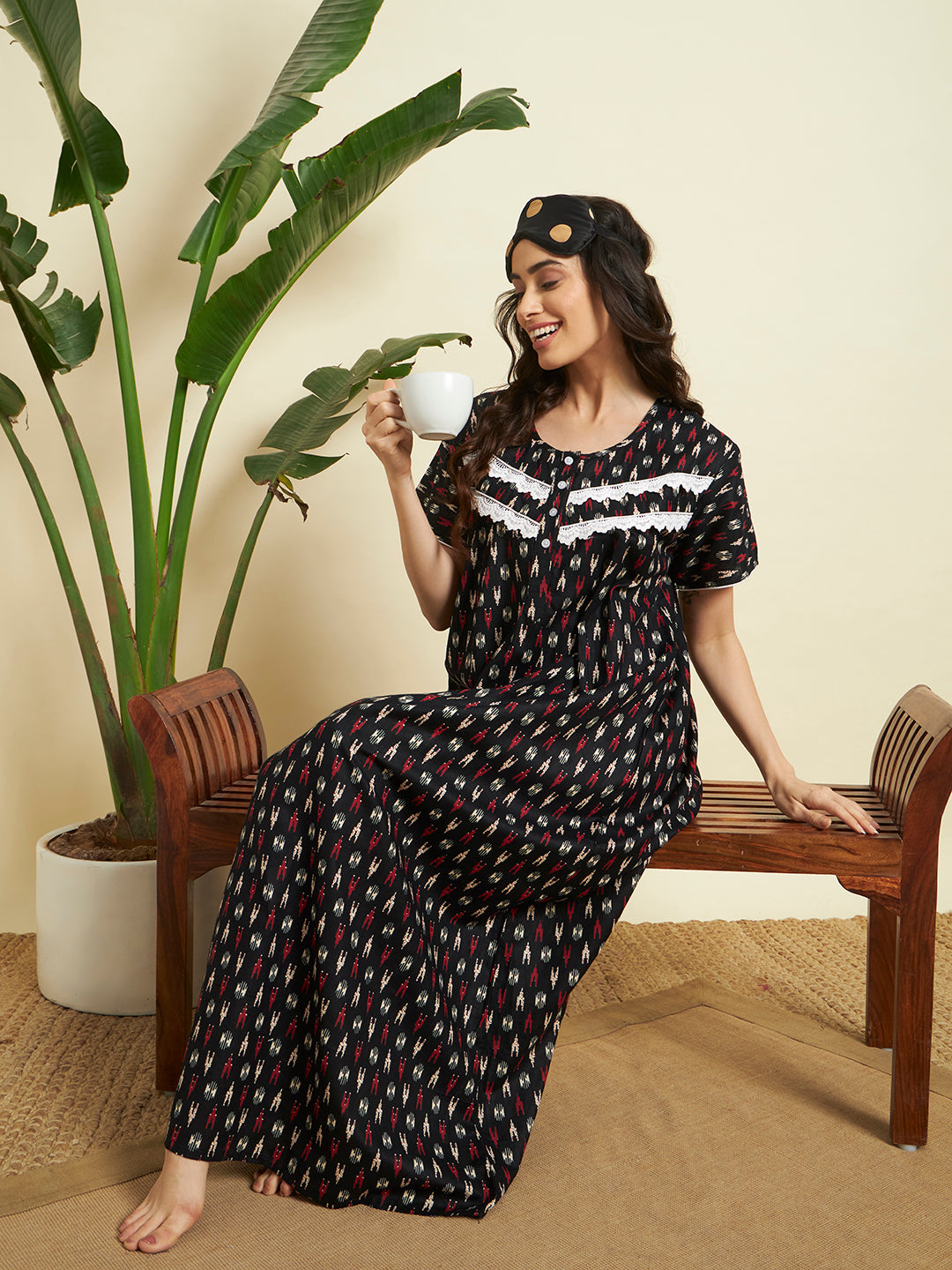 Women’s Black Printed Maxi Nighty / Lounge Dress