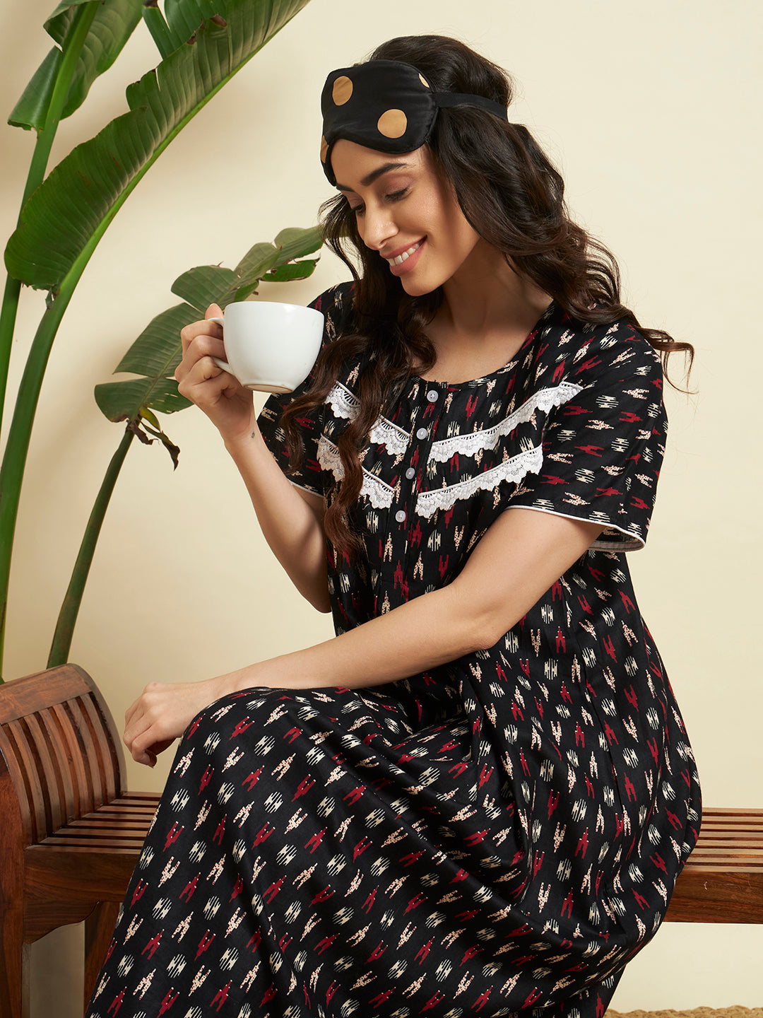 Women’s Black Printed Maxi Nighty / Lounge Dress