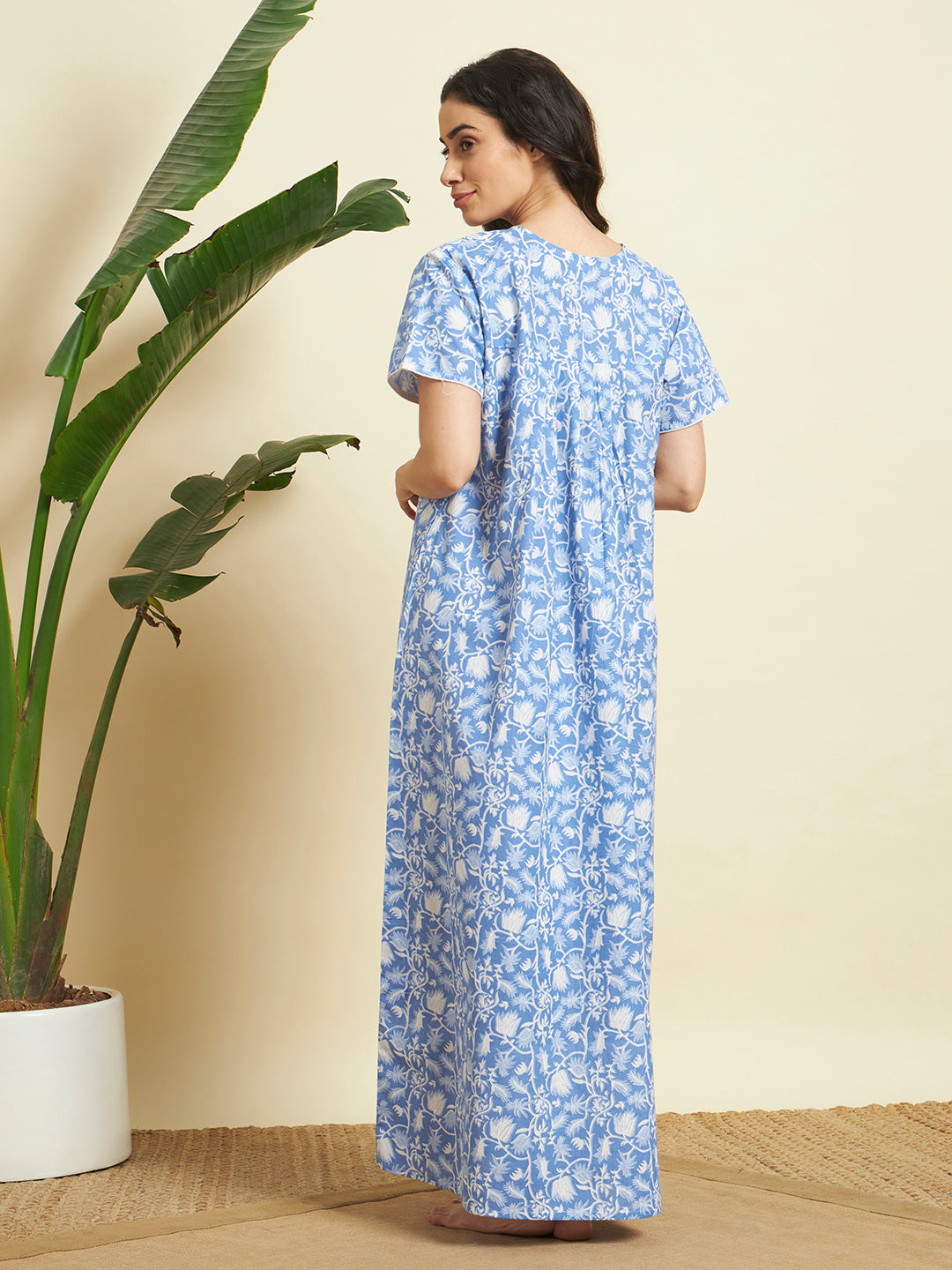 Women’s Blue Floral Printed Maxi Nighty / Lounge Dress
