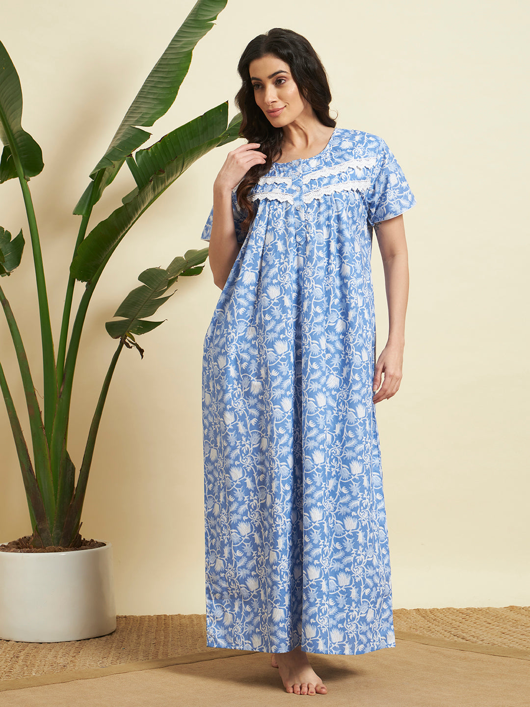 Women’s Blue Floral Printed Maxi Nighty / Lounge Dress