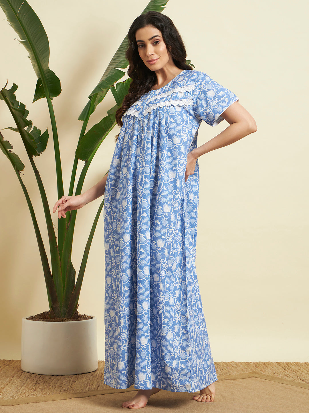 Women’s Blue Floral Printed Maxi Nighty / Lounge Dress