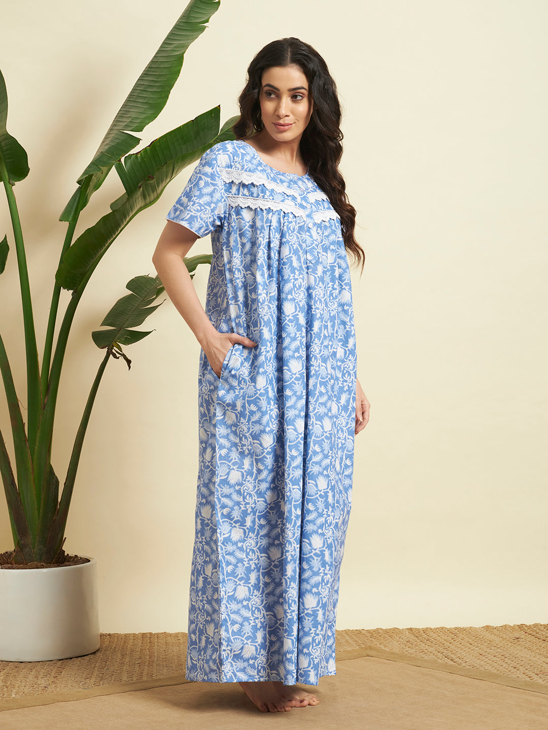 Women’s Blue Floral Printed Maxi Nighty / Lounge Dress