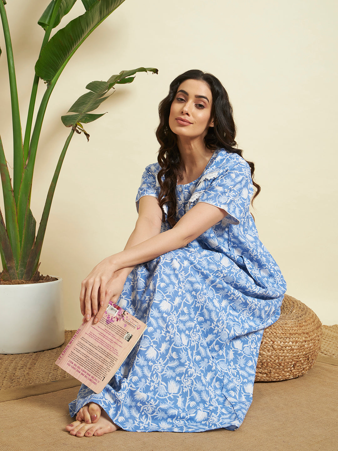 Women’s Blue Floral Printed Maxi Nighty / Lounge Dress