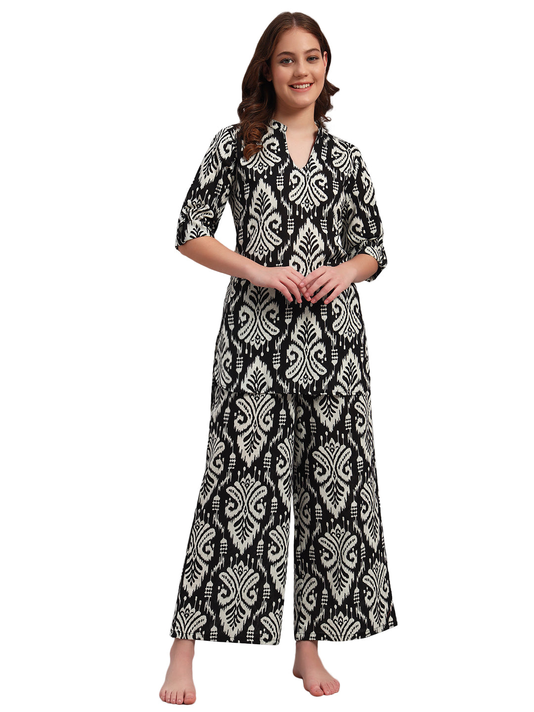 Women’s Black & White Ethnic Motif Kurta & Pant Co-Ord Set