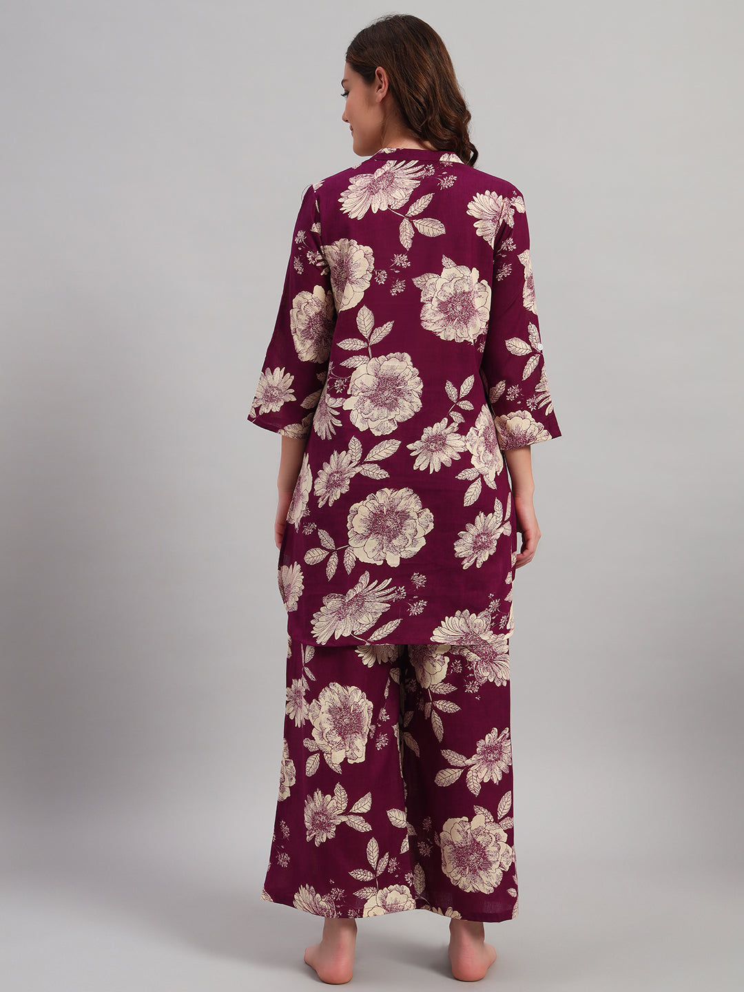💜 Women Floral Print Night Suit – Maroon Cotton Lounge Wear Set