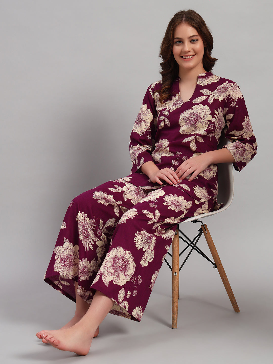 💜 Women Floral Print Night Suit – Maroon Cotton Lounge Wear Set