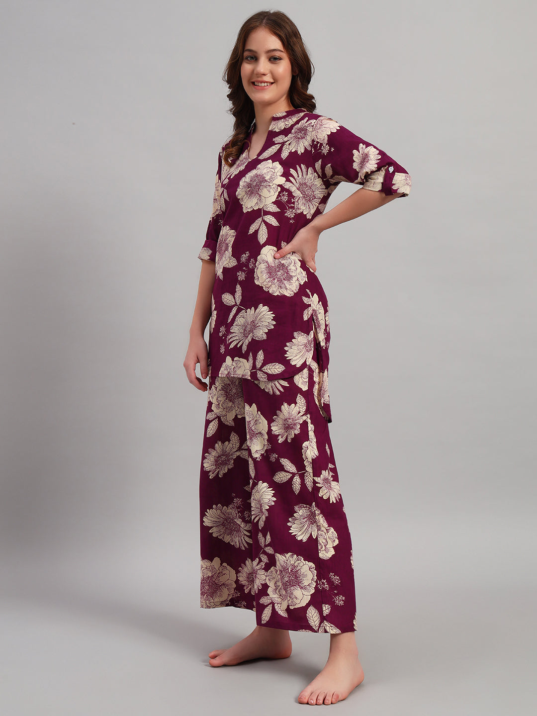 💜 Women Floral Print Night Suit – Maroon Cotton Lounge Wear Set