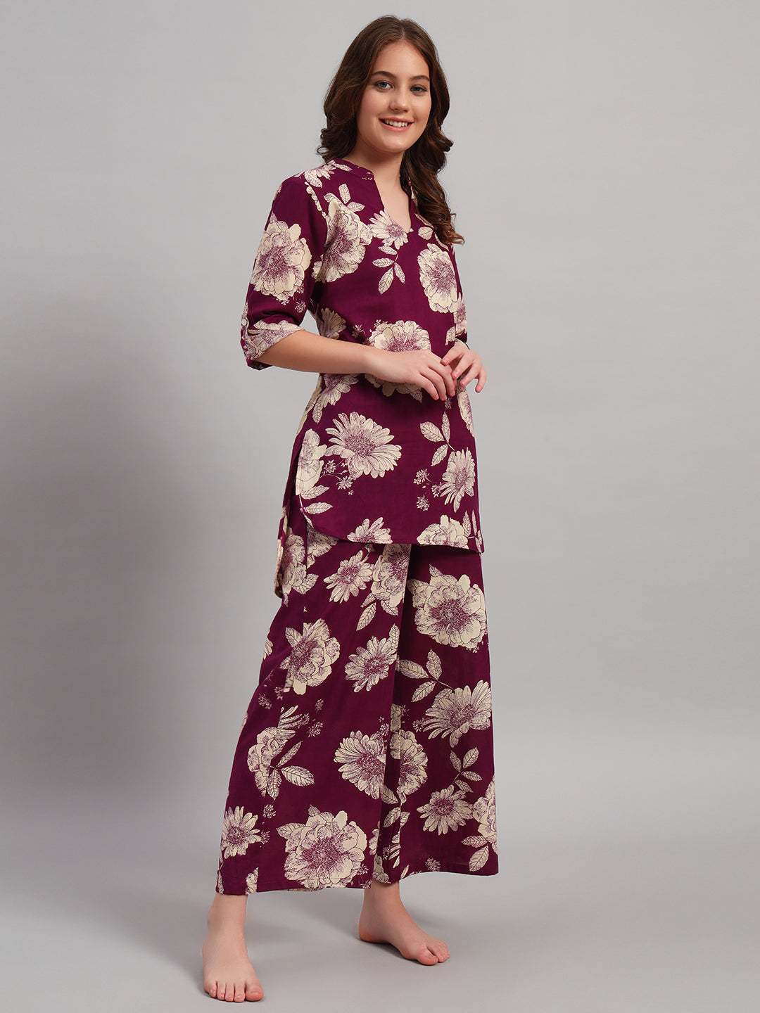 💜 Women Floral Print Night Suit – Maroon Cotton Lounge Wear Set