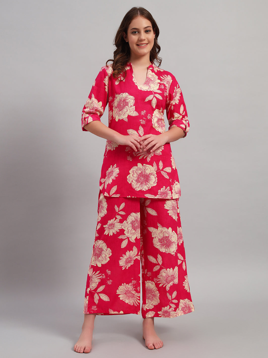 Women’s Pink Floral Printed Night Suit Co-Ord Set
