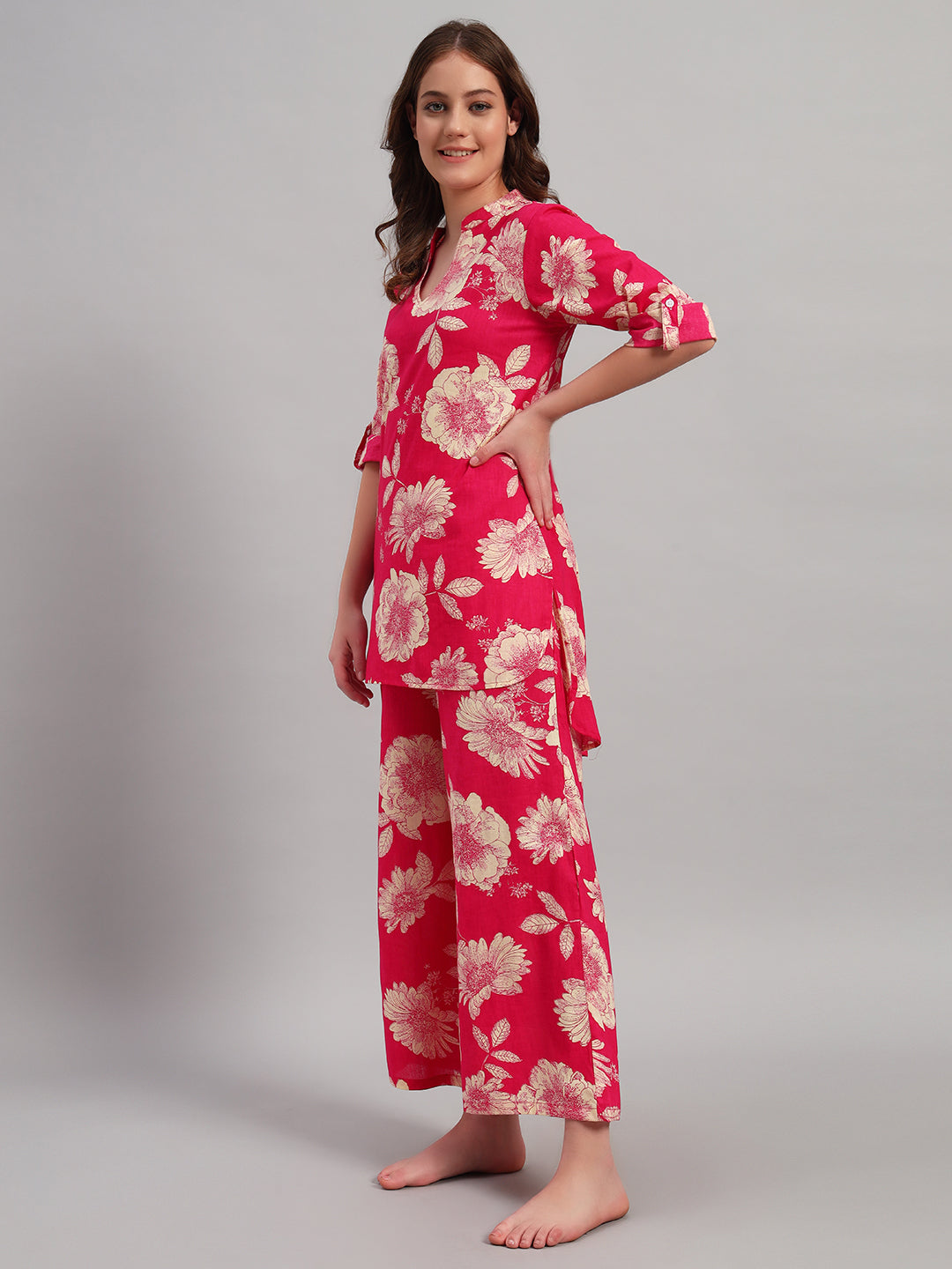 Women’s Pink Floral Printed Night Suit Co-Ord Set