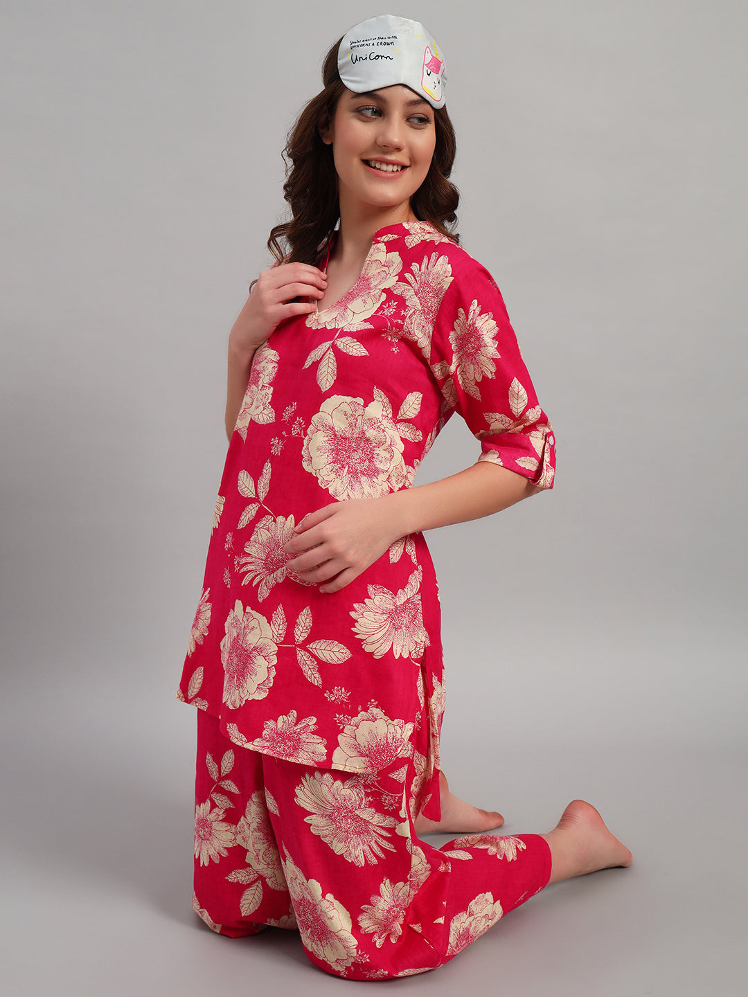 Women’s Pink Floral Printed Night Suit Co-Ord Set