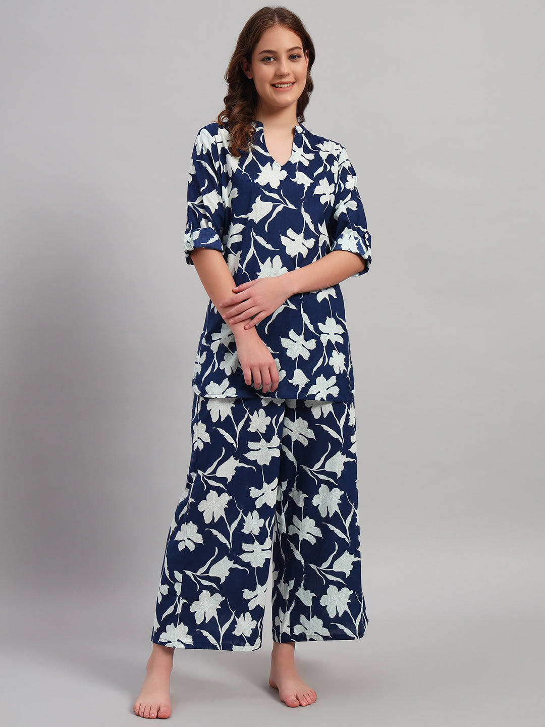 Women’s Navy Blue Floral Printed Night Suit Co-Ord Set