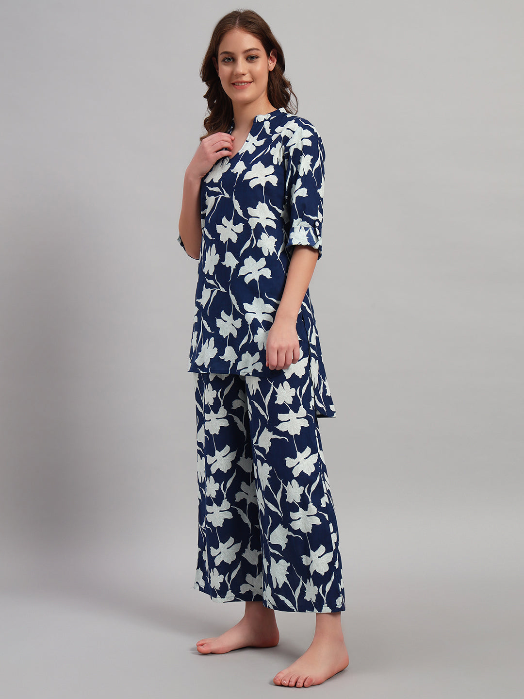 Women’s Navy Blue Floral Printed Night Suit Co-Ord Set