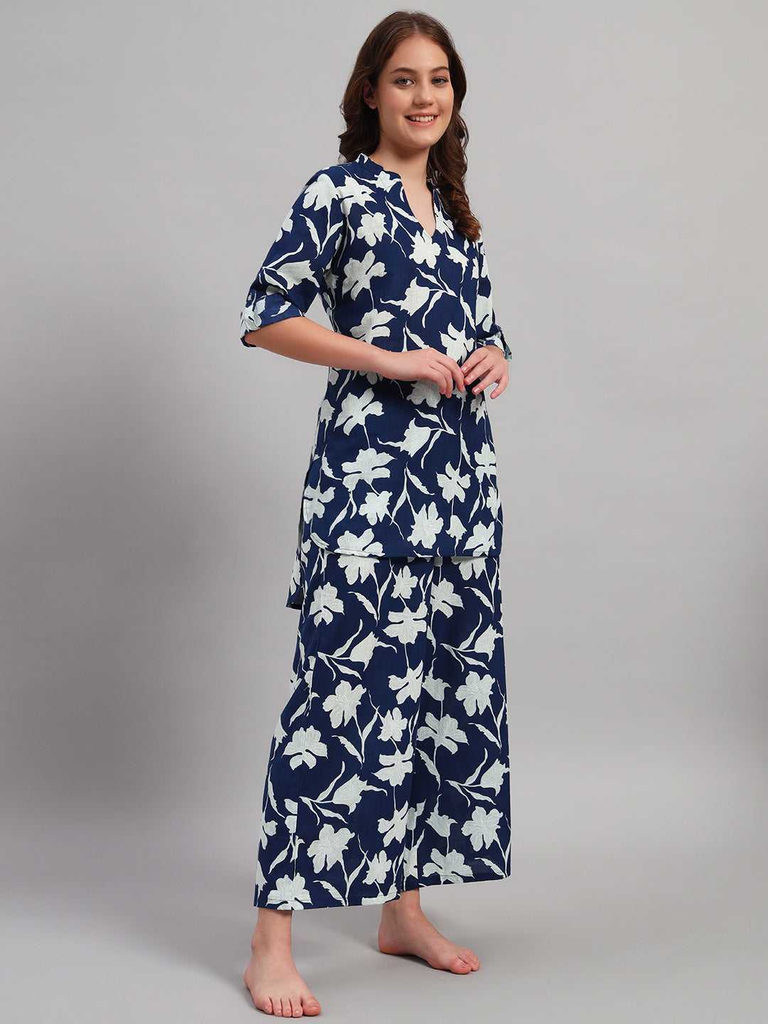 Women’s Navy Blue Floral Printed Night Suit Co-Ord Set