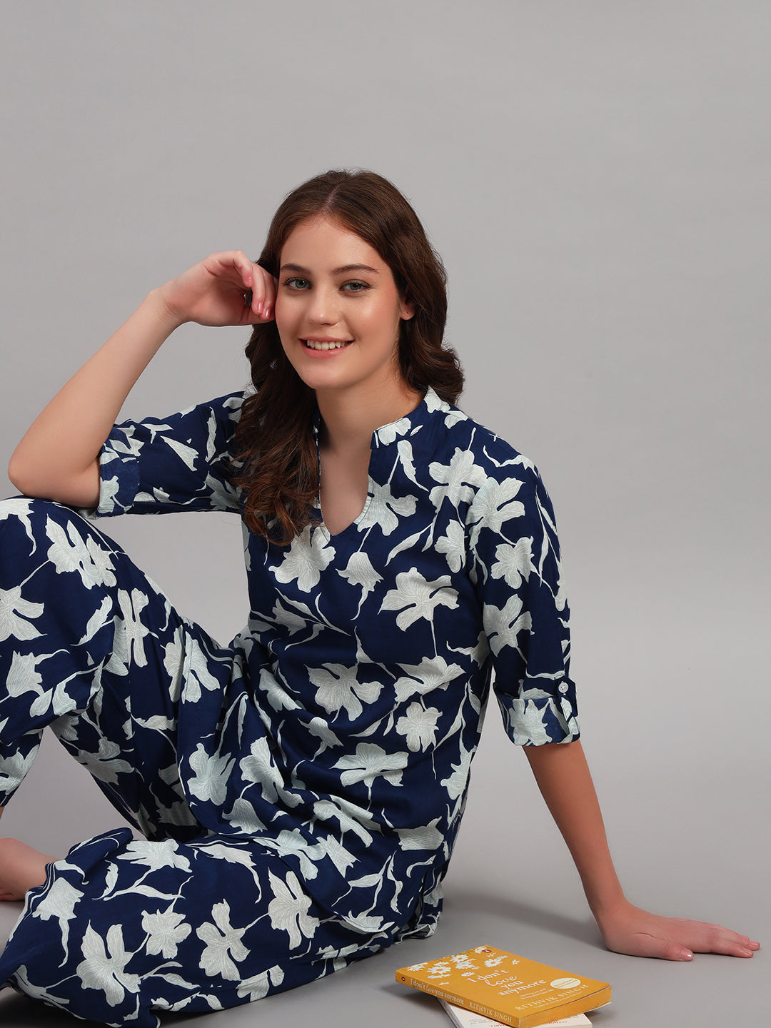Women’s Navy Blue Floral Printed Night Suit Co-Ord Set