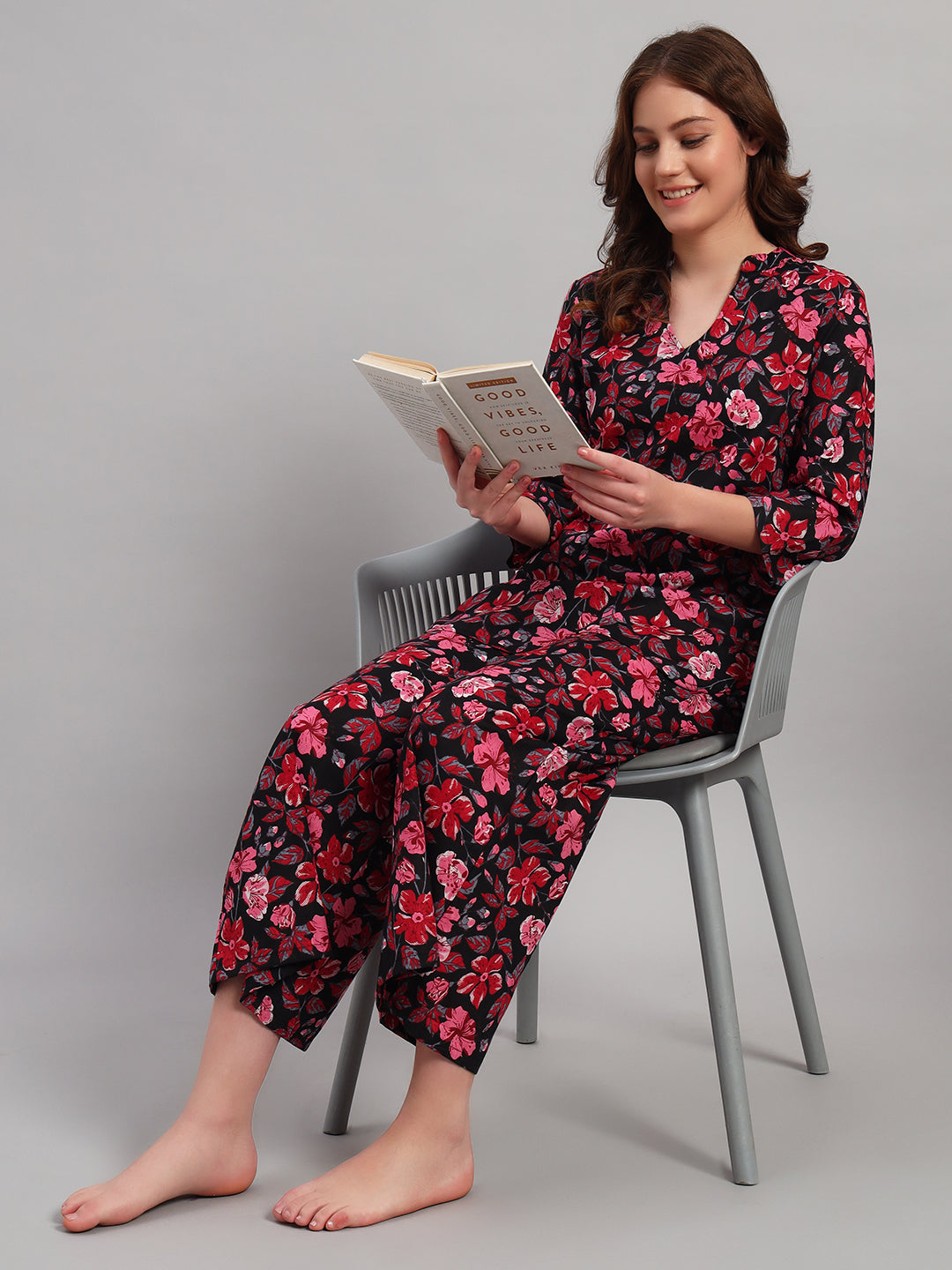 Women’s Black & Red Floral Printed Night Suit Co-Ord Set