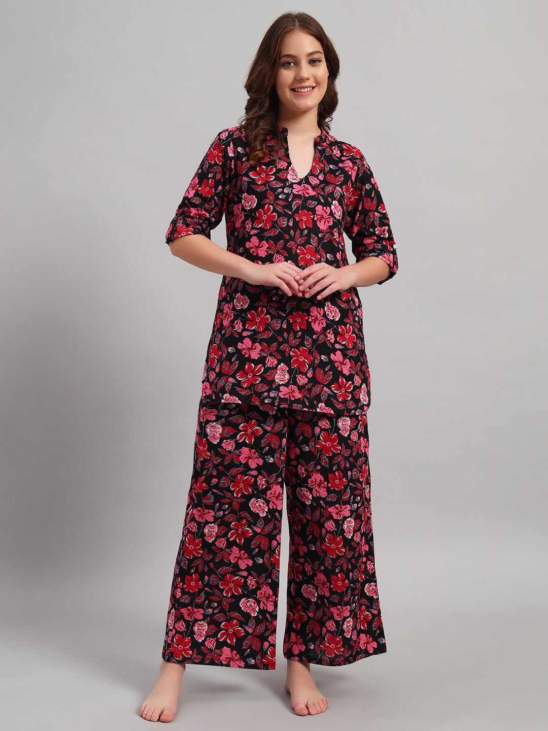 Women’s Black & Red Floral Printed Night Suit Co-Ord Set