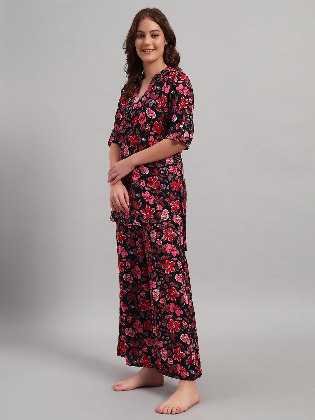 Women’s Black & Red Floral Printed Night Suit Co-Ord Set